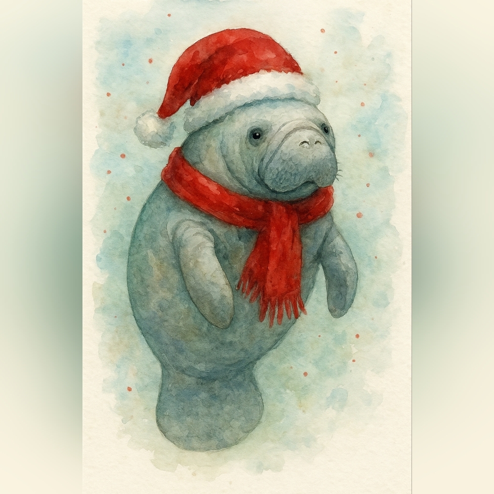 Festive Manatee Art Print with Santa Hat